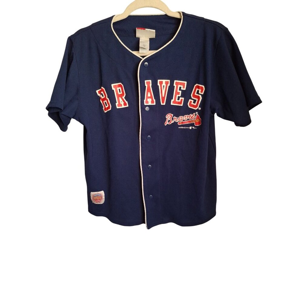 Vintage Atlanta Braves Navy Blue Button-Up Baseball Jersey Short Sleeve Size XL